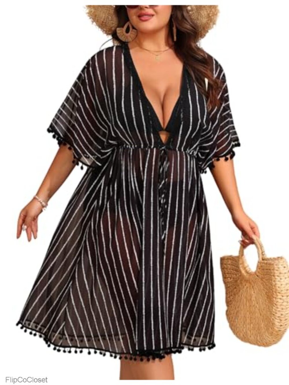 Plus Size Sheer Chiffon Swimwear Cover Up with Pom Pom Trim and Drawstring Waist